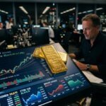 XP Asset dobra taxa do GOLD11: O que muda para o investidor e por que analistas sugerem o resgate? 6 barras de ouro sobre um monitor com gráficos financeiros em um escritório de investimentos, com iluminação profissional.