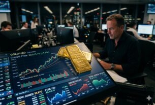 barras de ouro sobre um monitor com gráficos financeiros em um escritório de investimentos, com iluminação profissional.