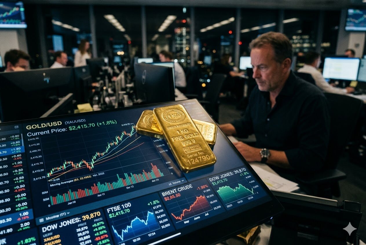 barras de ouro sobre um monitor com gráficos financeiros em um escritório de investimentos, com iluminação profissional.