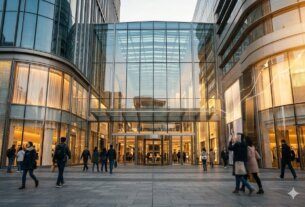 Fachada moderna de shopping center de luxo com arquitetura de vidro, representando os novos ativos adquiridos pelo fundo imobiliário XPML11 em transação com a rede Iguatemi.