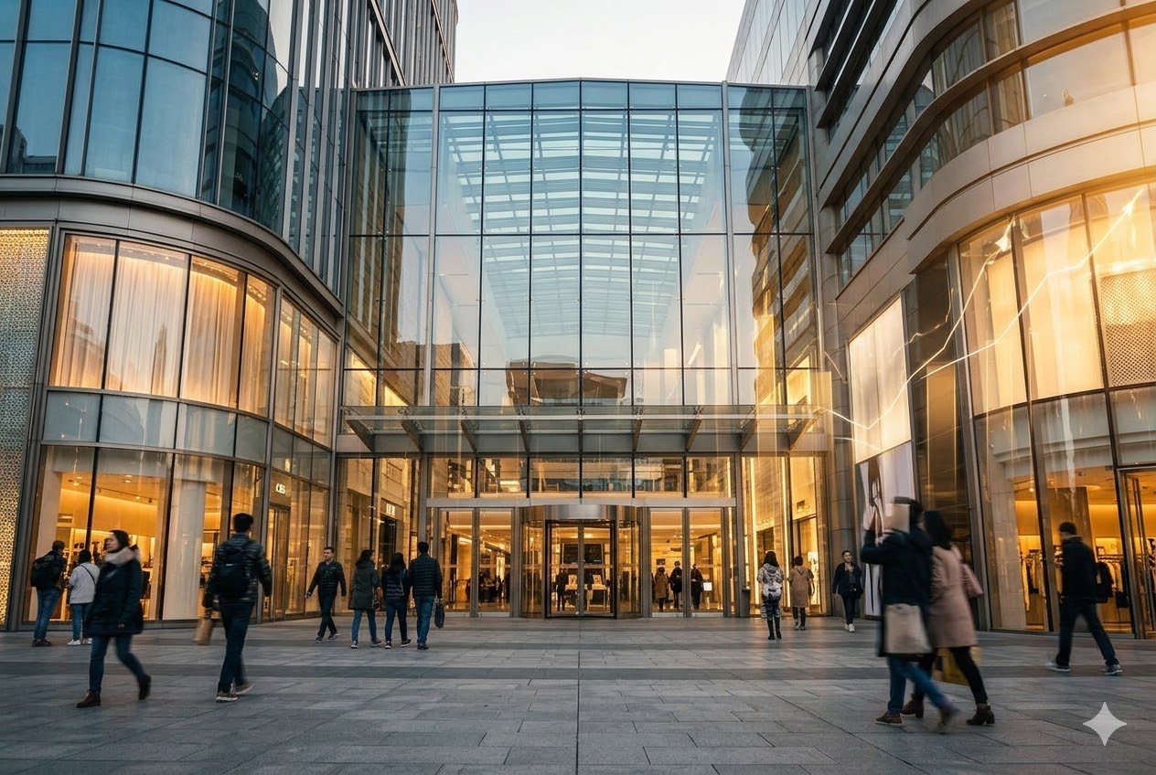 Fachada moderna de shopping center de luxo com arquitetura de vidro, representando os novos ativos adquiridos pelo fundo imobiliário XPML11 em transação com a rede Iguatemi.