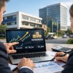 Dois investidores analisando gráficos financeiros de FIIs em notebook, prédio educacional e comercial ao fundo, conceito de dividendos no mercado brasileiro, luz natural, estilo fotojornalismo econômico.