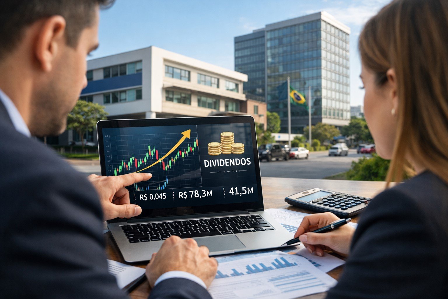 Dois investidores analisando gráficos financeiros de FIIs em notebook, prédio educacional e comercial ao fundo, conceito de dividendos no mercado brasileiro, luz natural, estilo fotojornalismo econômico.