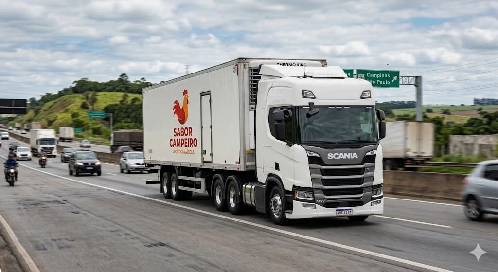Caminhão semirreboque branco de transporte avícola em movimento em uma rodovia brasileira. Mesmo com diesel alto a entrega de frango não pode parar, com a Quaresma.