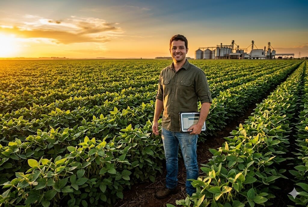 No agronegócio, um Gestor sorridente em pé em plantação de soja segura tablet, com fábrica ao fundo no pôr do sol.