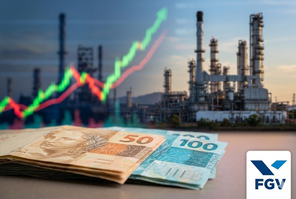 Gráfico de crescimento financeiro com cédulas de Real e referência ao setor de energia, representando a alta do IGP-M em abril pela FGV.