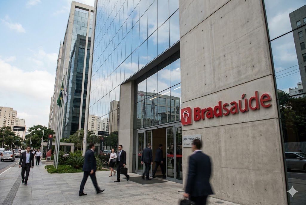Fotografia fotorrealista da entrada de um edifício moderno de vidro e concreto com o logotipo vermelho da Bradsaúde em destaque. Pessoas em trajes executivos caminham na calçada em frente à sede da empresa.