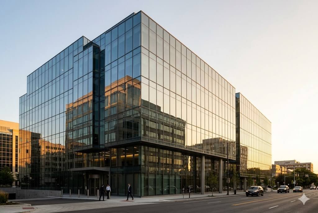 Edifício moderno de escritórios com fachada espelhada representando investimentos do fundo imobiliário BTHF11".