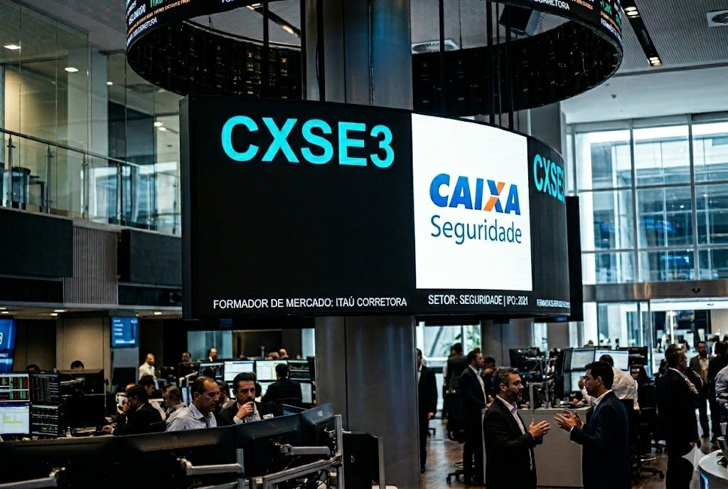 Fotografia jornalística de um painel eletrônico de cotações representado a B3, a bolsa de valores brasileira. O painel grande exibe o ticker CXSE3 e o logotipo da Caixa Seguridade em um fundo preto. Abaixo do painel, há uma trading floor ocupada com vários operadores financeiros e analistas trabalhando em frente a monitores de computador e discutindo negócios. O ambiente é moderno e movimentado.