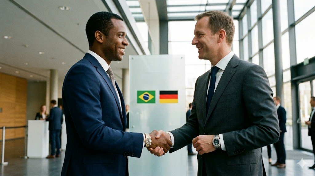Dois executivos sêniores em aperto de mão selando acordo de comércio bilateral em centro de convenções, com bandeiras do Brasil e Alemanha ao fundo.