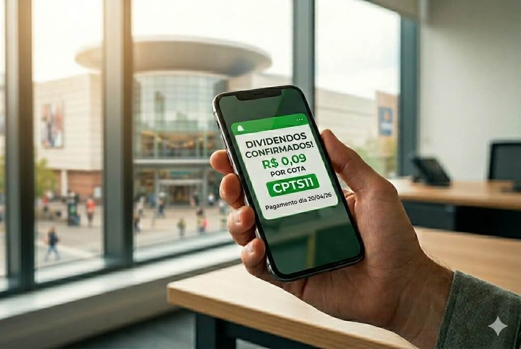 Mão segurando celular com notificação de dividendos confirmados do FII CPTS11 para pagamento em 20 de abril de 2026.