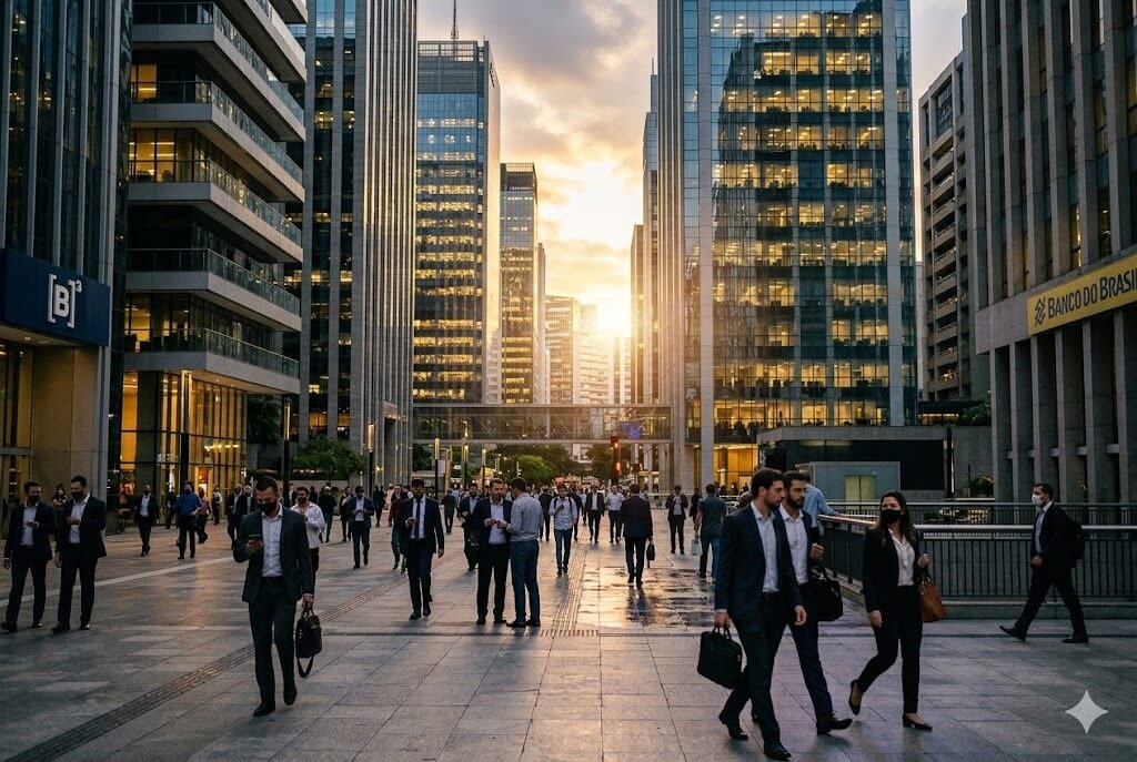 Profissionais caminhando em centro financeiro moderno com prédios espelhados, representando o mercado de fundos imobiliários e o crescimento do CPTS11.