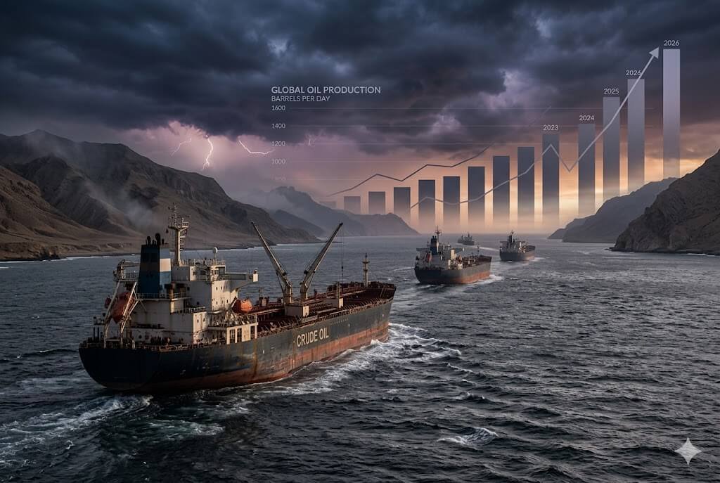 Navios petroleiros navegando em estreito marítimo sob céu tempestuoso com gráfico de barras de alta do petróleo sobreposto. Representando o Estreito de Hormuz
