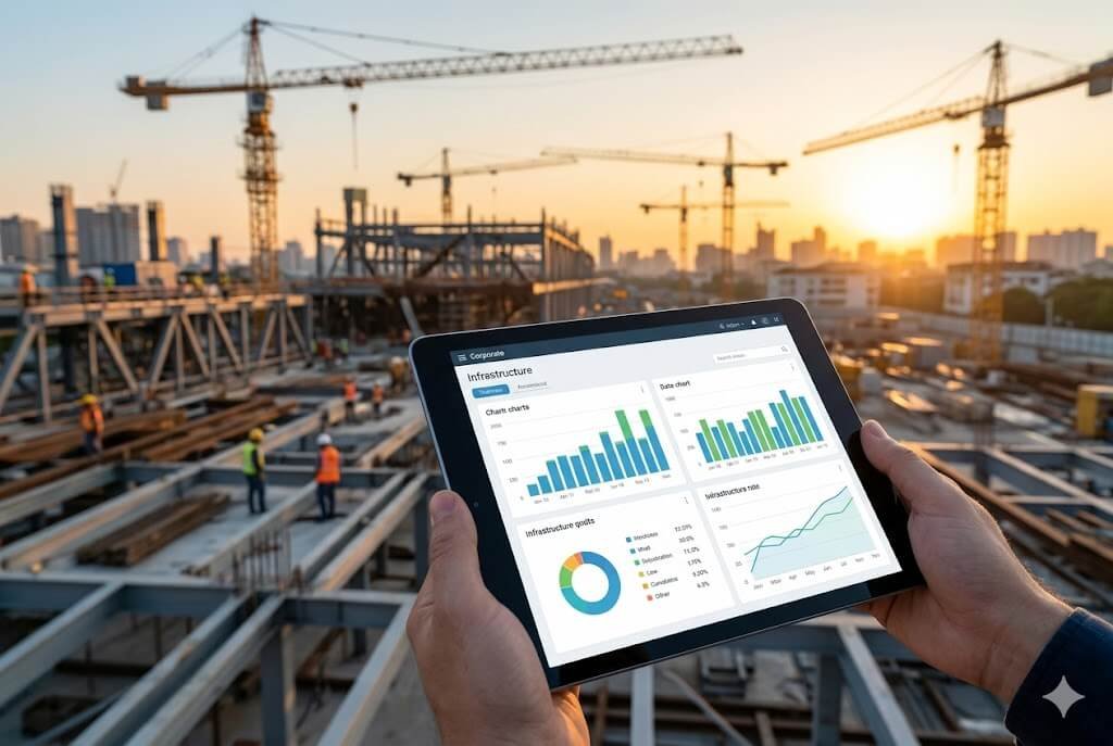 Mãos segurando um tablet com gráficos financeiros em frente a um grande canteiro de obras com guindastes sob o pôr do sol. Representando o FIP-IE Azin11