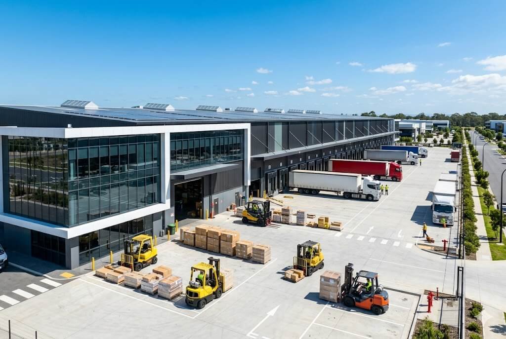 Fachada moderna de um galpão logístico de alto padrão técnico A+ com docas de carga, empilhadeiras operando no pátio e caminhões estacionados sob luz do dia clara, representando os ativos do fundo imobiliário BRCO11.