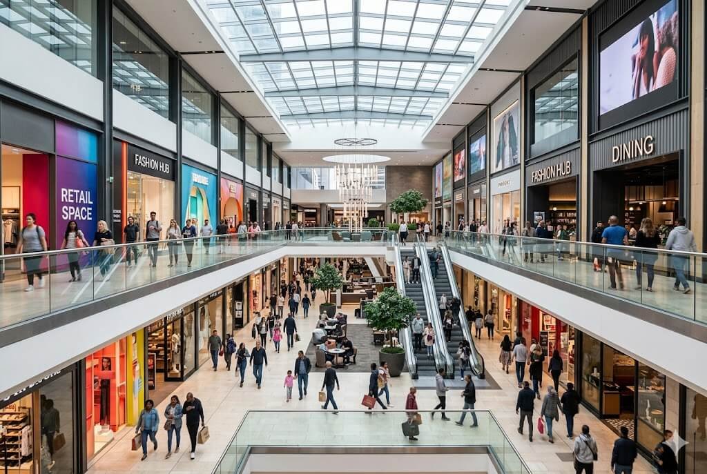 Fotografia jornalística do interior de um shopping center de alto padrão, com múltiplos andares, claraboia de vidro e pessoas circulando, ilustrando investimentos no setor de varejo e FII HSML11 de shopping.