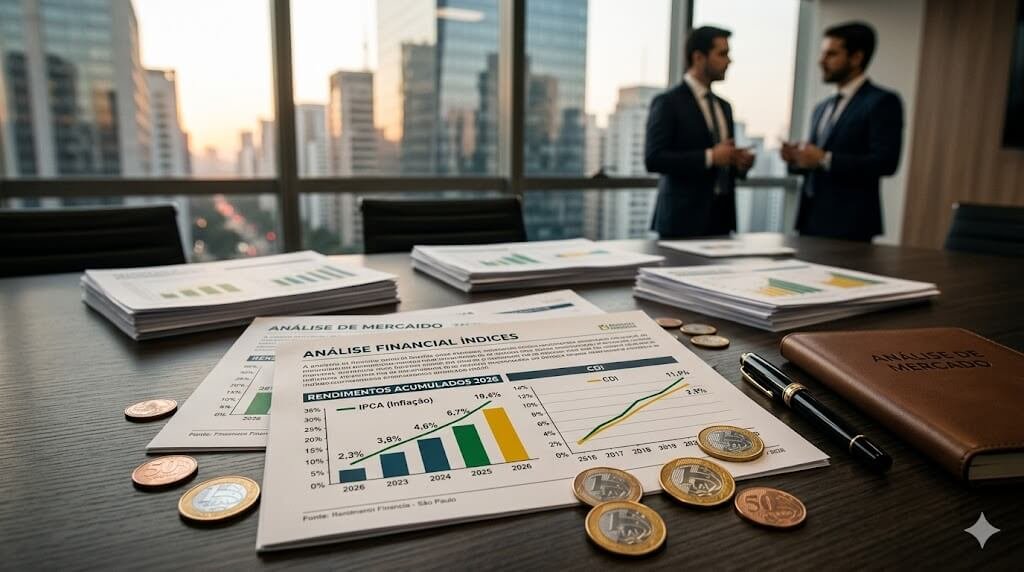 Mesa de escritório com moedas de Real, relatórios financeiros e gráficos representando o FII PCIP11.