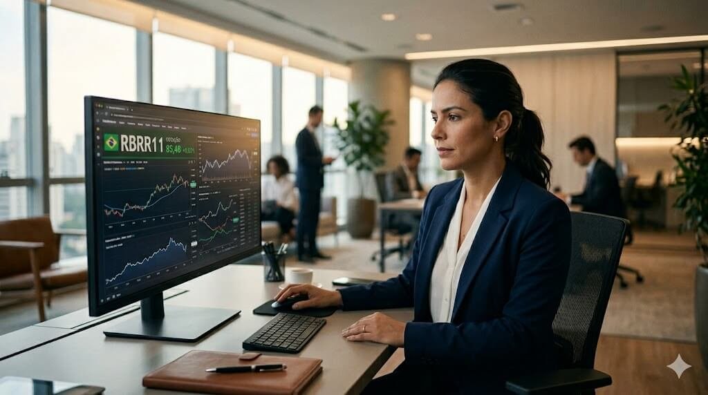 Dividendos do RBRR11 para Abril de 2026: Análise do Novo Anúncio e Portfólio do Fundo 2 Analista financeira visualiza dados e gráficos do fundo imobiliário RBRR11 em um escritório moderno. A tela exibe o ticker com a cotação de R$ 85,48 em verde, representando a performance analisada no post sobre os Dividendos RBRR11.