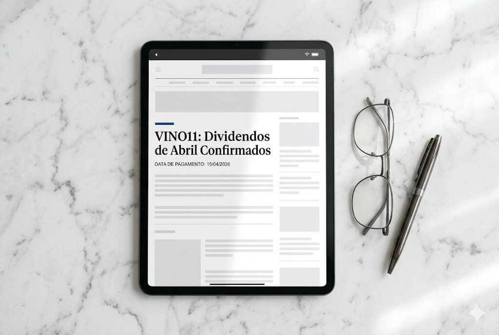 Vista superior de um tablet sobre mesa de mármore exibindo notícia sobre os dividendos do fundo imobiliário VINO11 para abril de 2026, acompanhado de óculos e caneta.