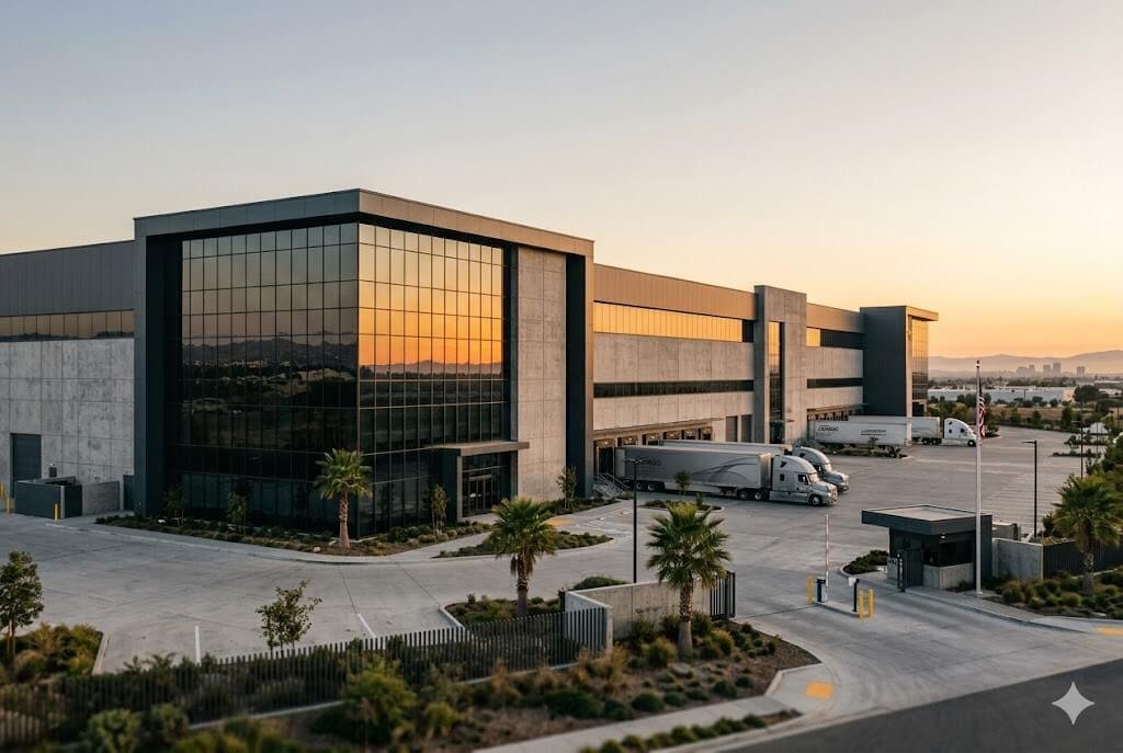 Fachada de um moderno centro logístico de alto padrão com vidros espelhados refletindo o pôr do sol, representando os ativos do fundo imobiliário GARE11.