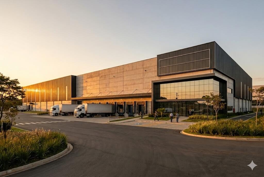Fotografia profissional representado o FII GGRC11, do exterior de um grande e moderno galpão logístico durante o pôr do sol. A fachada é feita de concreto e metal, com grandes janelas de vidro. Vários caminhões de carga brancos estão estacionados nas docas de carregamento. Dois funcionários caminham em direção à entrada principal. O céu tem cores quentes e douradas. Não há textos, letreiros ou gráficos na imagem. Estilo jornalístico e nítido.