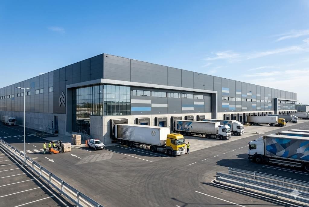 Fachada de um moderno galpão logístico de alto padrão com diversas docas de carregamento, caminhões estacionados e pátio de manobra sob céu azul, representando a infraestrutura de ativos do fundo imobiliário HGLG11.