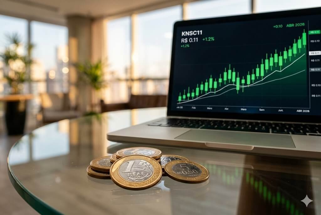Moedas de um Real em destaque sobre mesa de vidro, com notebook ao fundo exibindo gráfico de velas (candlesticks) verdes ascendentes e os dados do fundo imobiliário KNSC11.