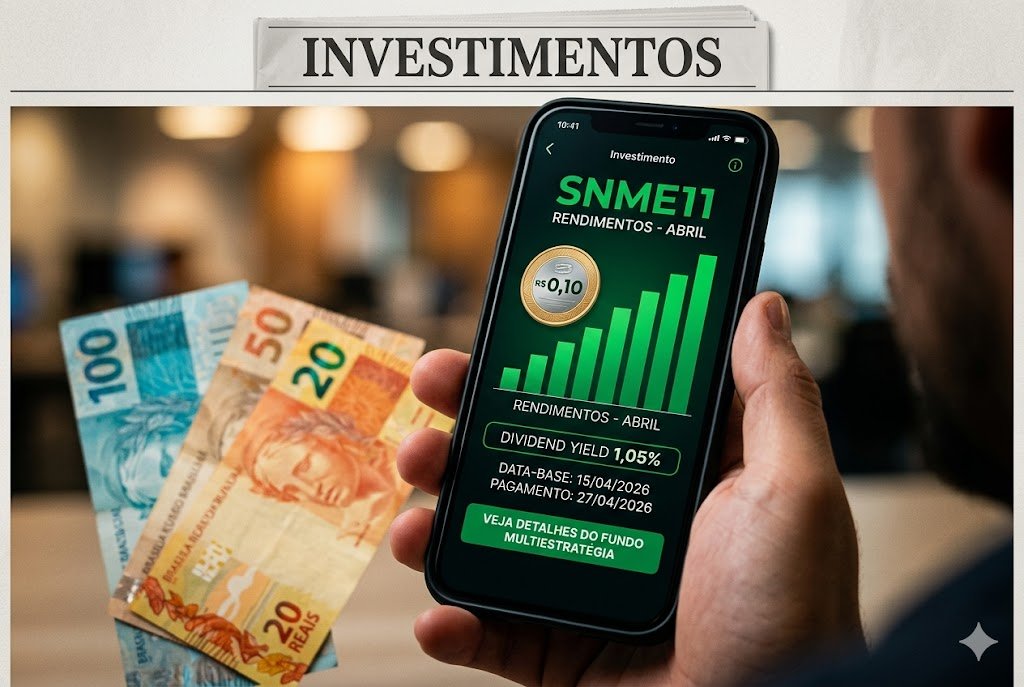 Smartphone exibindo gráficos verdes de alta, dividendos de R$ 0,10 do fundo SNME11 e notas de Real desfocadas ao fundo, representando os rendimentos do FII.