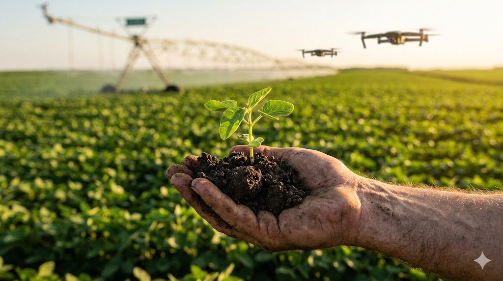 Close-up de muda de soja brotando de solo fértil com vasta plantação tecnológica ao fundo, representando ESG no agronegócio.