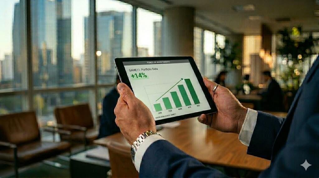 Executivo analisando dados financeiros com destaque para rendimento de 14% ao ano, representando o novo portfólio do GAME11.