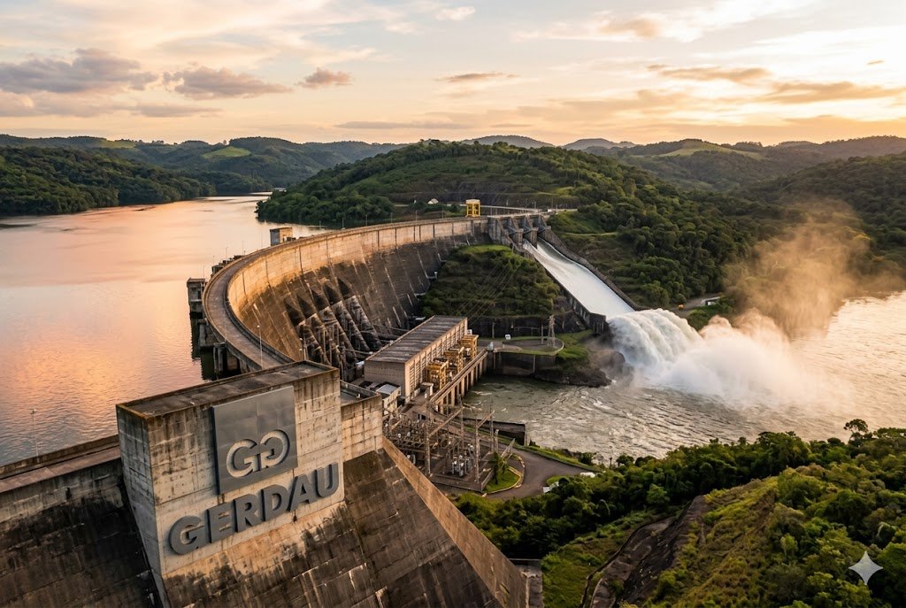 Fotografia aérea cinematográfica da Usina Hidrelétrica Dona Francisca, no Rio Grande do Sul, com o logotipo da Gerdau (GGBR4) em aço integrado à estrutura de concreto da barragem, mostrando água fluindo pelos vertedouros ao pôr do sol.