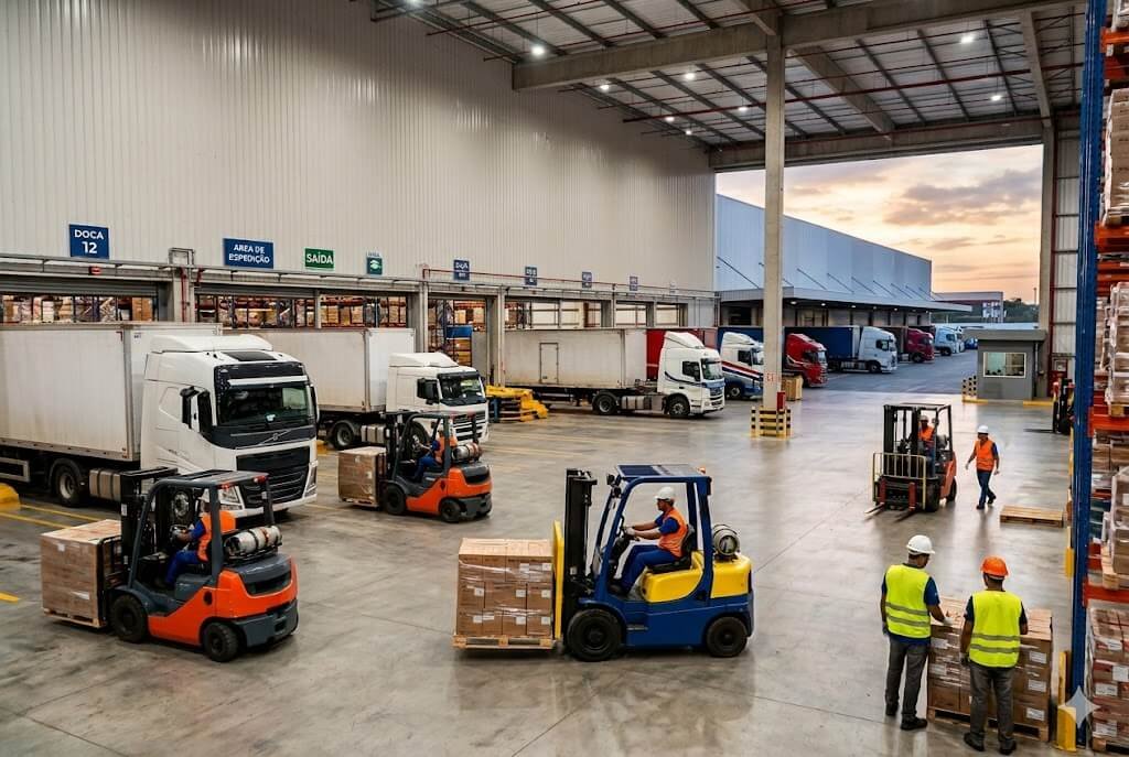 Representação dos FIIs XPIN11 e IBBP11 -Vista interna e externa de um grande galpão logístico com empilhadeiras transportando paletes de caixas e vários caminhões estacionados nas docas de carga ao entardecer, com trabalhadores supervisionando a operação.