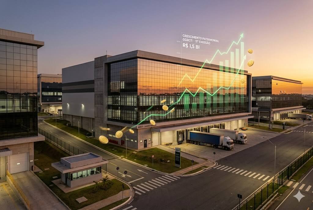 GGRC11 Anuncia 11ª Emissão de Cotas: Tudo sobre a Nova Oferta Bilionária de R$ 1,5 Bilhão 2 Visão aérea de um condomínio logístico moderno ao pôr do sol, com galpões de fachada de vidro, representando o FII GGRC11, com sobreposição de um gráfico financeiro verde e moedas digitais em ascensão.