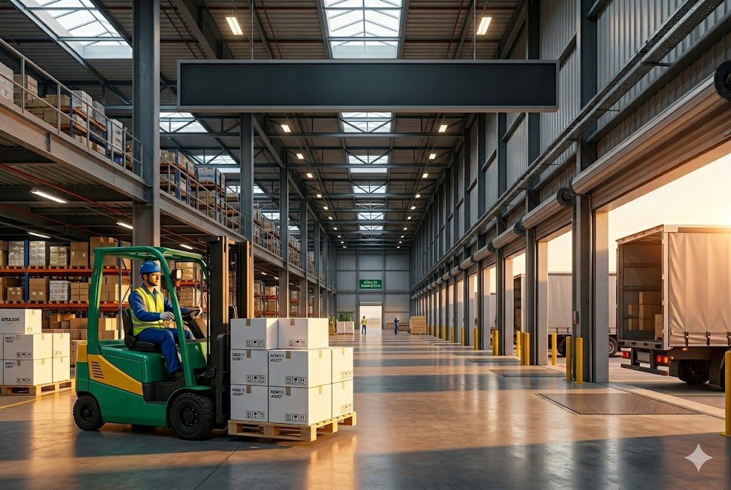 Vista interna de um moderno galpão logístico vasto pertencente ao fundo imobiliário GGRC11, mostrando uma empilhadeira operando paletes e docas de carregamento abertas sob a luz do pôr do sol.