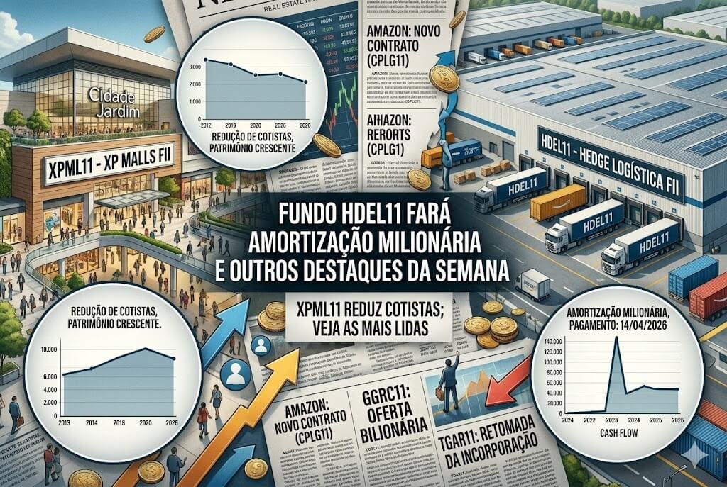 Fundo Imobiliário HDEL11 Anuncia Amortização Milionária e XPML11 Movimenta o Mercado; Veja os Destaques 1 Montagem jornalística representando o mercado de fundos imobiliários com foco em shoppings e logística, ilustrando as notícias de HDEL11 e XPML11.