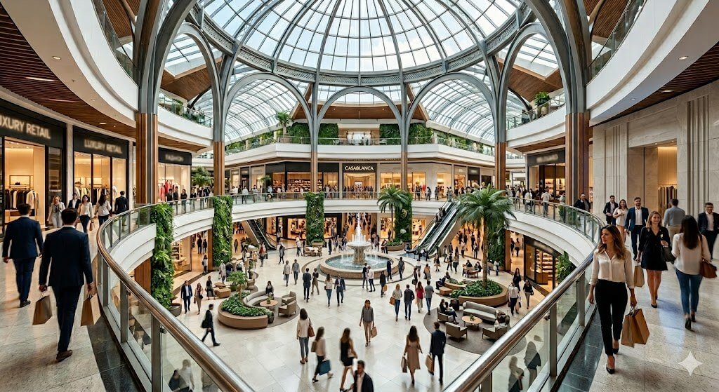 Interior de um shopping center de luxo com arquitetura moderna, cúpula de vidro e circulação de pessoas, simbolizando investimentos em FIIs de shopping como o HGBS11.