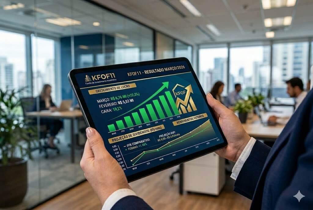 KFOF11 tem salto de 22,3% no lucro e detalha projeção de dividendos 2 Close-up de mãos segurando um tablet com gráficos financeiros verdes ascendentes e o logotipo do fundo KFOF11 em um escritório moderno.