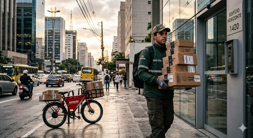 Last mile- Fotografia em estilo jornalístico de um entregador urbano caminhando em uma calçada de cidade moderna ao entardecer. Ele veste uniforme verde, boné e luvas, carregando uma pilha de caixas de papelão em direção à entrada de um edifício de vidro. Ao fundo, vê-se o tráfego intenso de carros e ônibus em uma avenida movimentada, sob uma iluminação quente e cinematográfica.
