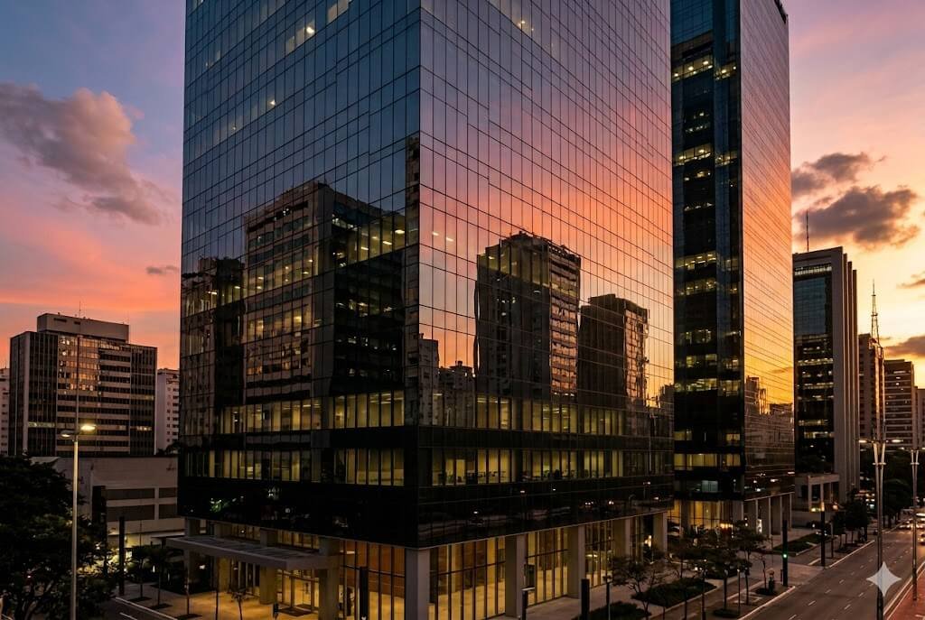 Edifício comercial moderno com arquitetura contemporâneo indicando alta nos lucros do fundo RECT11.
