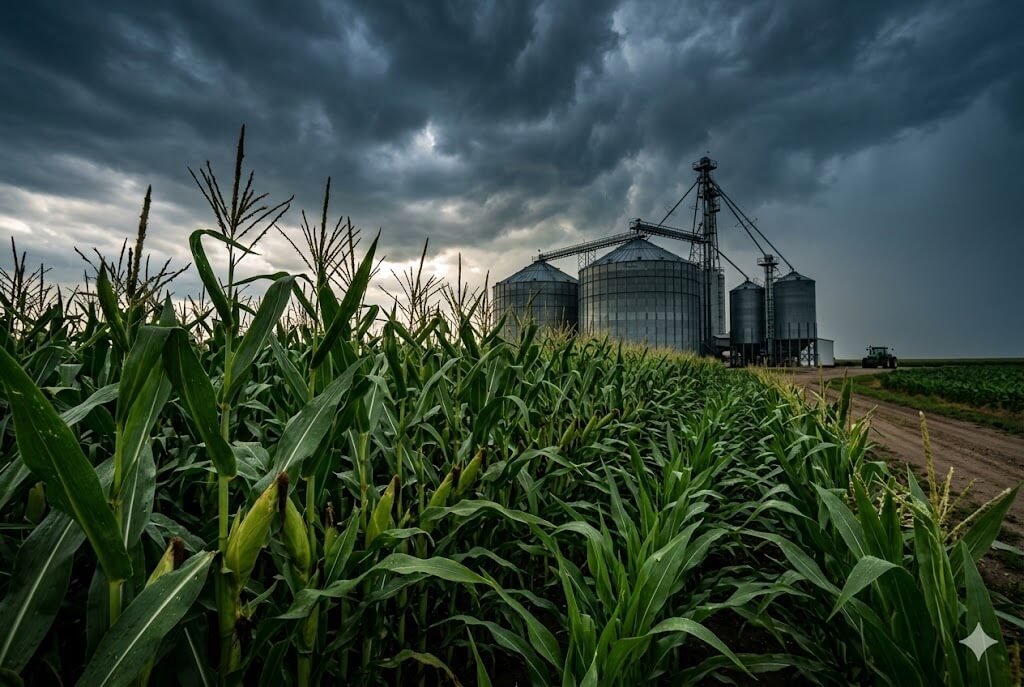 Milho fecha em alta com tensões no Oriente Médio e clima nos EUA: O que esperar? 2 Plantação de milho verde em primeiro plano com grandes silos industriais de metal sob um céu nublado e dramático de tempestade.