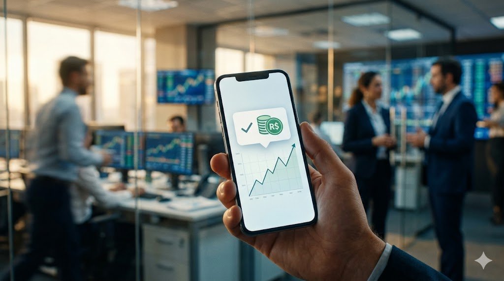 MXRF11: Dividendos de R$ 0,095 caem na conta hoje; veja os detalhes 2 Close-up de mão de investidor segurando smartphone em escritório financeiro, exibindo notificação de depósito confirmado e gráfico de crescimento, simbolizando o pagamento de dividendos do MXRF11."