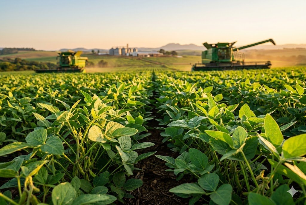 Vista em ângulo baixo de uma plantação de soja saudável com máquinas agrícolas ao fundo, representando os ativos de Fiagro como o SNAG11.