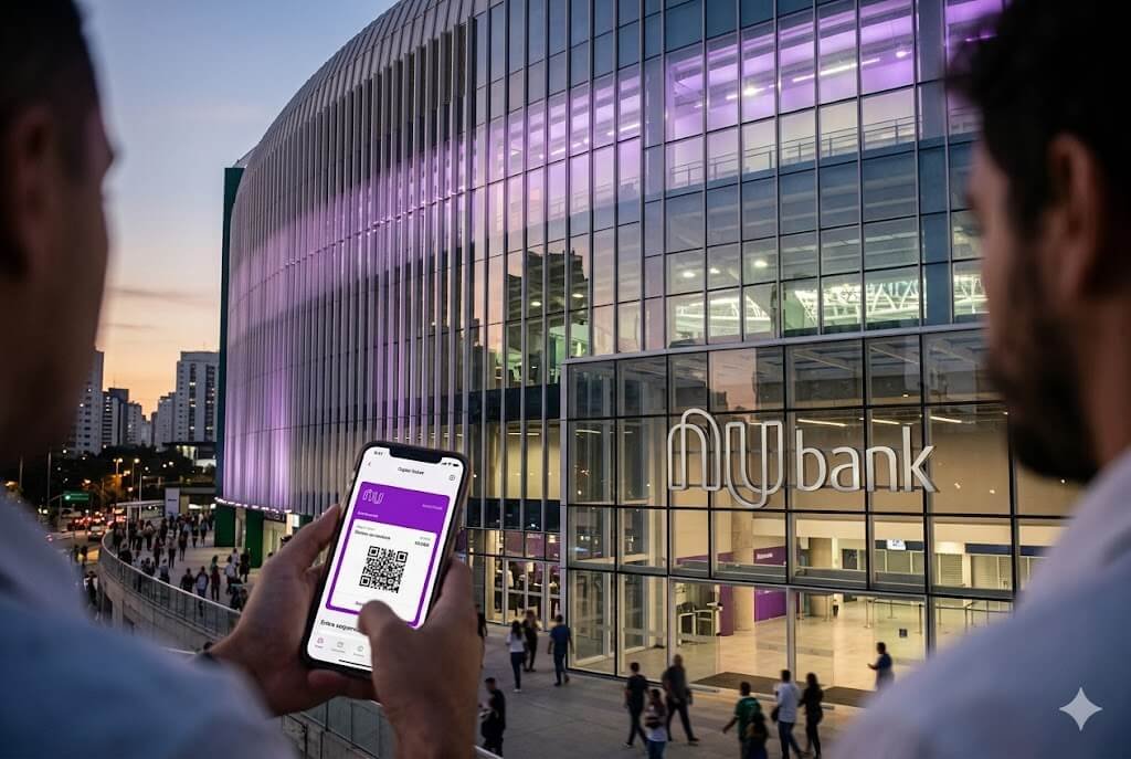 Ilustração realista da fachada de um estádio de futebol moderno em São Paulo com iluminação roxa e logotipo do Nubank. Em primeiro plano, uma mão segura um smartphone exibindo um QR Code de entrada.