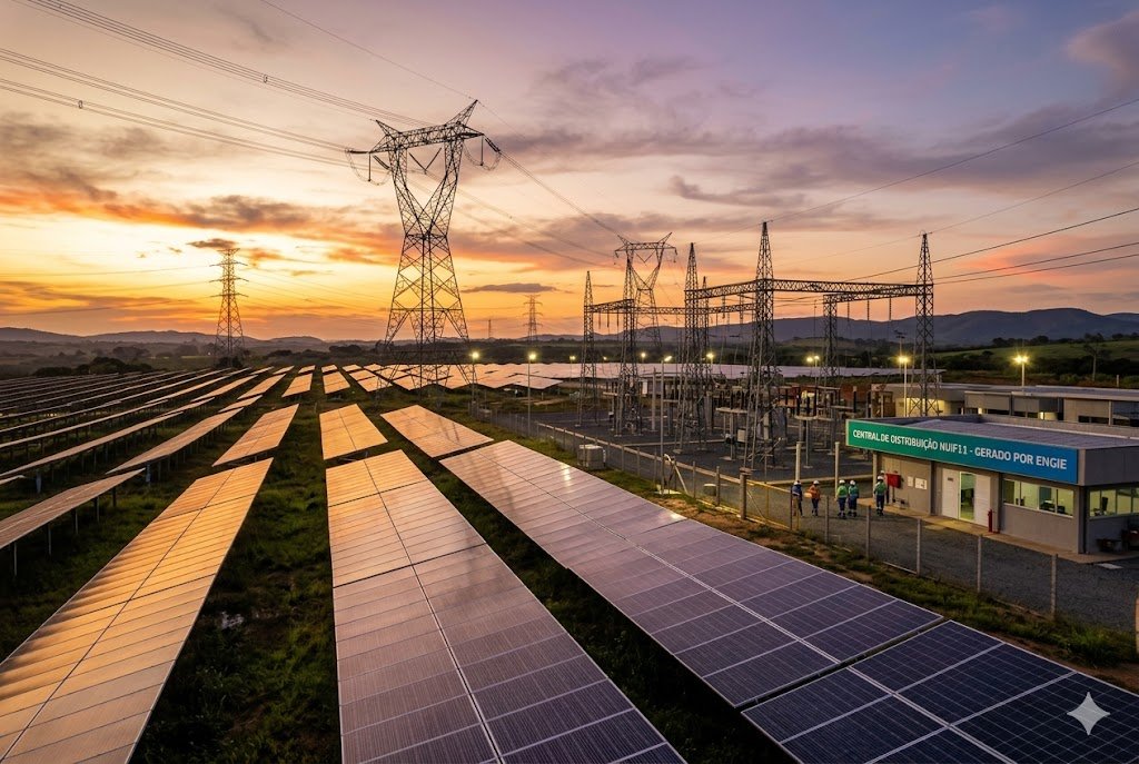 Infográfico do fundo NUIF11 ilustrando sua estratégia de investimento em debêntures de energia da Engie, com painéis solares e torres de transmissão.