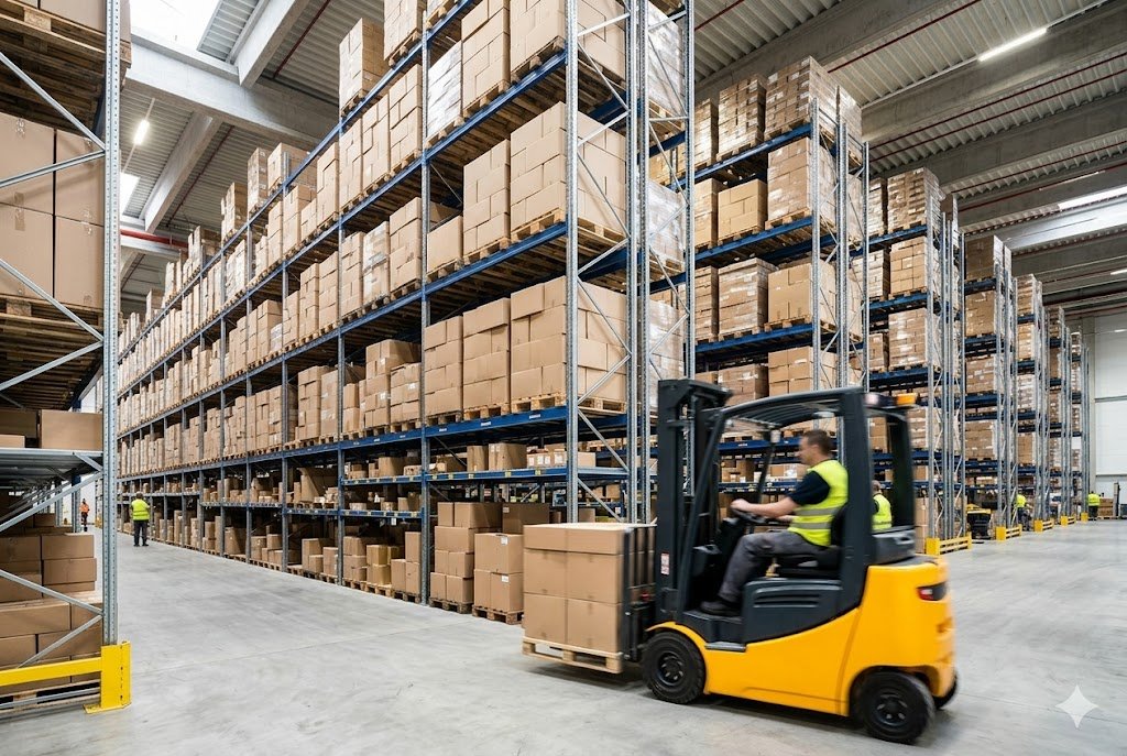 Foto industrial do interior de um grande galpão logístico do setor atacista, com empilhadeira e prateleiras repletas, representando o impacto do IPA na economia brasileira.