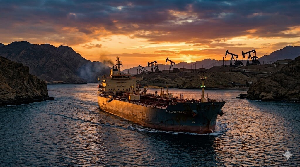 Navio petroleiro navegando em um estreito marítimo sob um pôr do sol alaranjado, com silhuetas de bombas de extração de petróleo nas colinas ao fundo. Representando a Opep planejamento aumento de produção, com reabertura de Hormuz.