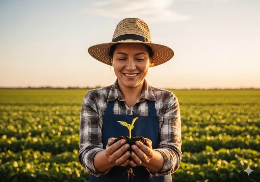 Páscoa- Agricultora sorridente segurando punhado de terra fértil com um pequeno broto verde em crescimento, sob a luz do pôr do sol em um campo agrícola.