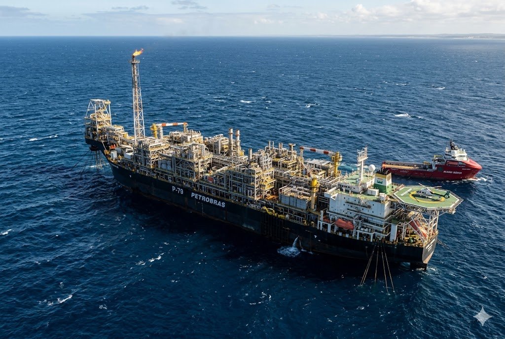Fotografia aérea da plataforma FPSO P-79 da Petrobras operando em águas profundas no Brasil.