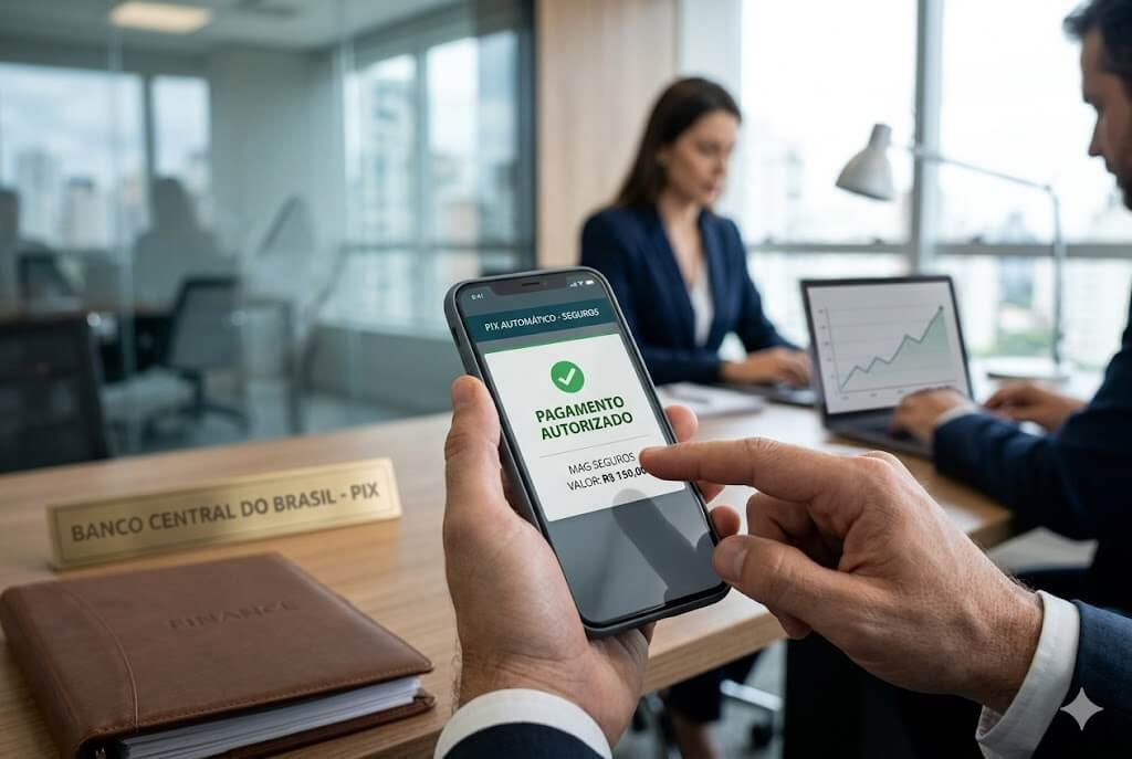 Imagem de uma pessoa utilizando um smartphone para autorizar um pagamento recorrente via Pix Automático em um ambiente profissional.