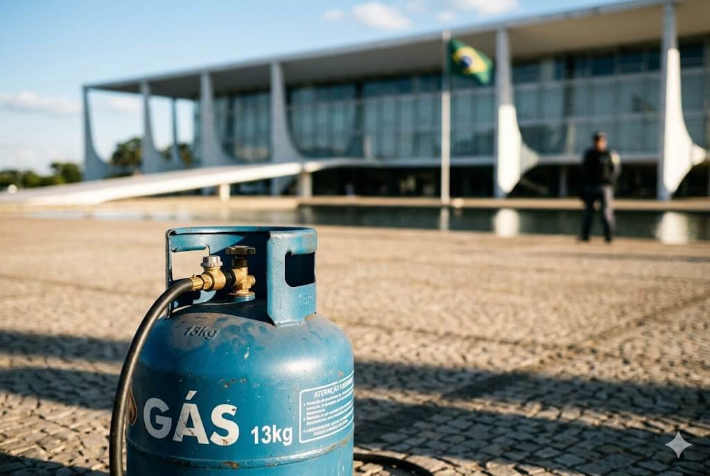 Crise do Gás: Por que o preço do botijão explodiu e ameaça o programa Gás do Povo 2 Botijão de gás azul de 13kg em primeiro plano com o Palácio do Planalto e a bandeira do Brasil desfocados ao fundo.